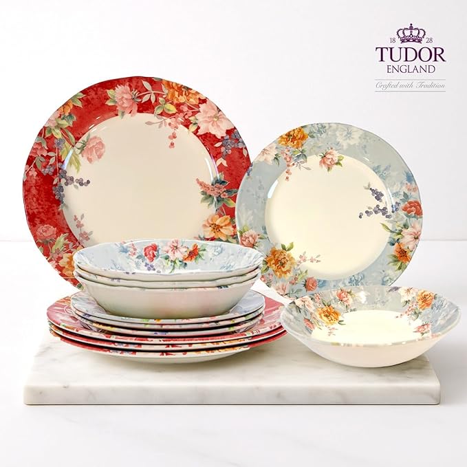 TUDOR Royal Collection 12-Piece Round Porcelain Dinnerware Set, Service for 4 with Dinner Plates, Bowls, and Salad Plates, Crimson Summer Floral Unique Design, Gloss Finish, Durable & Premium Quality