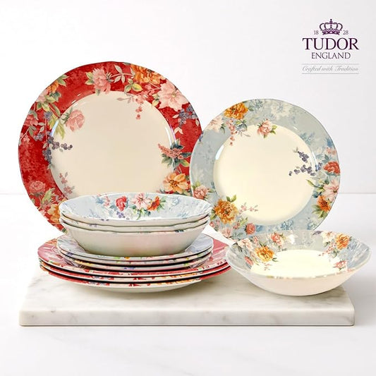 TUDOR Royal Collection 12-Piece Round Porcelain Dinnerware Set, Service for 4 with Dinner Plates, Bowls, and Salad Plates, Crimson Summer Floral Unique Design, Gloss Finish, Durable & Premium Quality