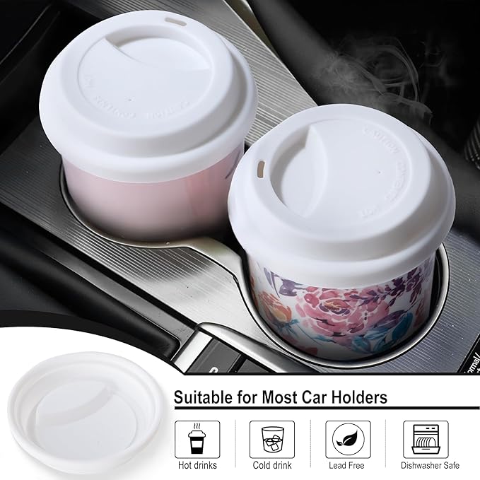 Ceramic Coffee Travel Mug 12 Oz with Lid Spill & Leak Proof, Double-wall Insulated Travel Coffee Mugs Watercolor Peonies Pattern, Gift for Her on Christmas Birthday Mothers Day, White & Pink Flower