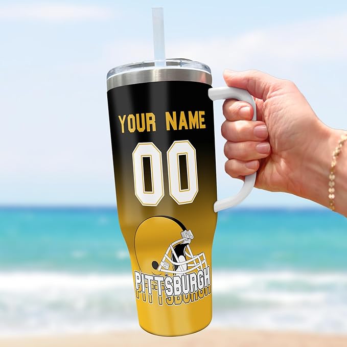 Football Personalized 40oz Insulated Travel Mug with Handle & Straw, Stainless Steel Custom Tumbler, Name & Number Cup, Sports Gift for Men Women (Pittsburgh)