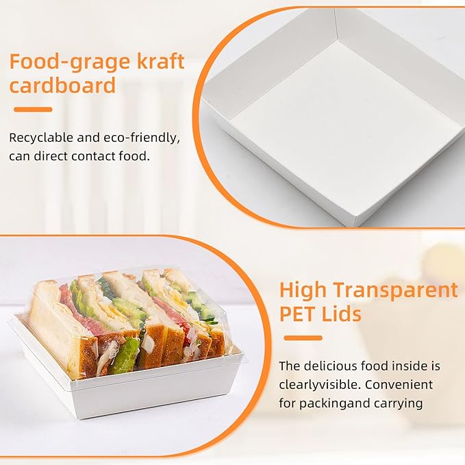 100 Pack Small Paper Charcuterie Boxes with Clear Lids, Modern Minimalist Square Dessert Boxes for Food Containers, 5.32" L * 4.92" W 2.56" H