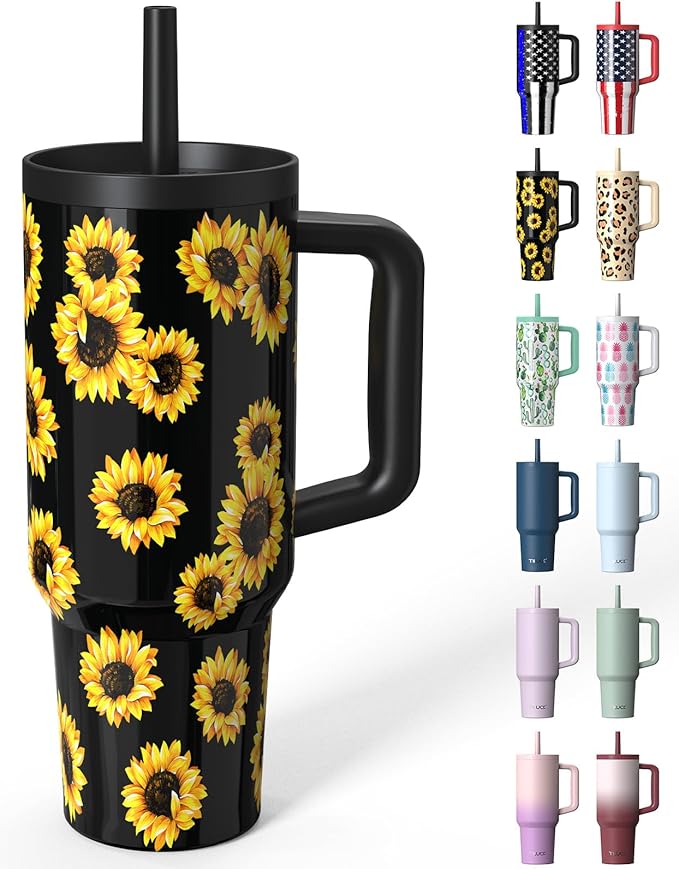 TILUCK 40 oz Tumbler with Handle, Vacuum Insulated Stainless Steel Travel Mug with 100% Leak-Proof Silicone Straw Lid, Cupholder Friendly Water Bottle(SunFlower, 40oz)