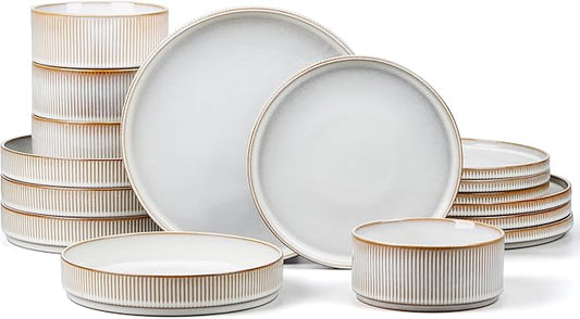 E-far 16 Piece Dinnerware Sets, Plates and Bowls with Pasta Bowls Service for 4, Modern Stoneware Ribbed Dishes for Kitchen Dining, Microwave & Dishwasher Safe, Creamy Beige