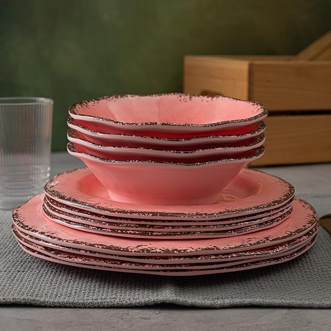 LEHAHA Melamine Dinnerware Sets, Farmhouse Dinnerware Set, Camping Dishes Set, BPA free and Lightweight, Durable Outdoor Plates and Bowls Set, Service for 4 (12 piece), (Pink)