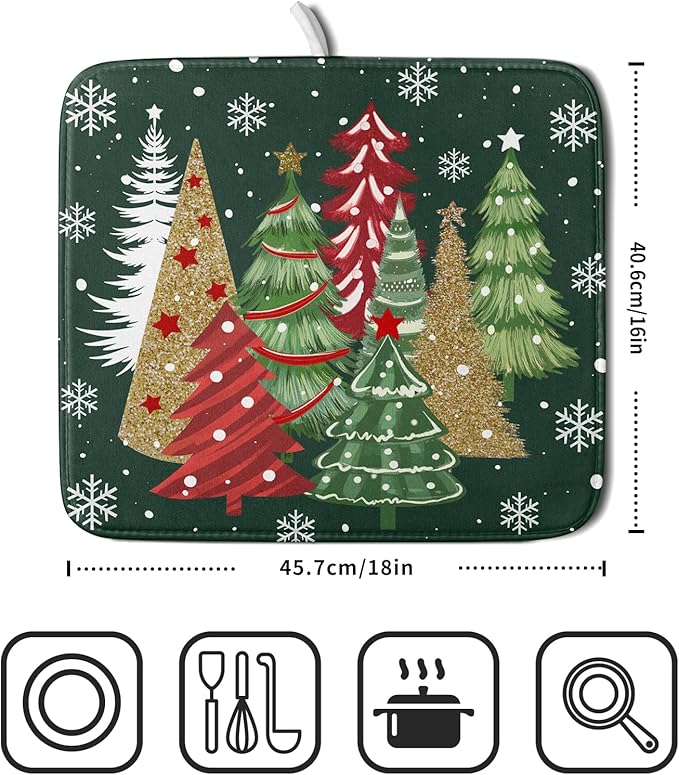 Christmas Green Dish Drying Mats 16x18 Inch, Farmhouse Gold Red Xmas Pine Trees Winter Holiday Absorbent Fast Dry Microfiber Dishes Drainer Rack Pad Farmhouse Rustic Holiday Kitchen Decor