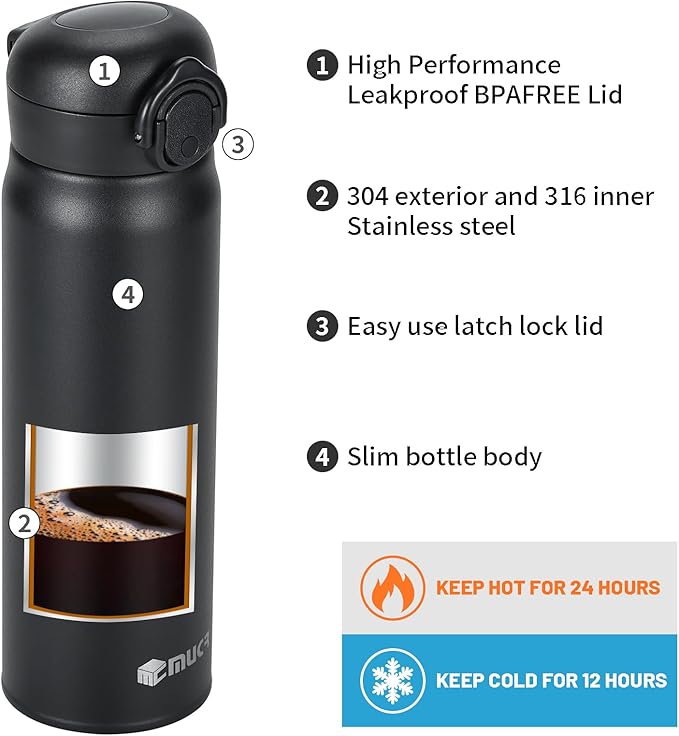 17 oz / 500 ml Insulated Water Bottle, Stainless Steel Thermo Coffee Travel Mug, Thermal Cup with Snap Flip Lid, BPA Free for Hot and Cold Drinking, Black