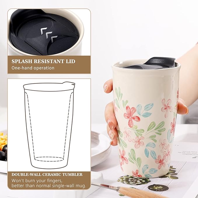 ANTIS'S HOME Ceramic Travel Mug with Lid, Flower Pattern Double Wall Coffee Mug Tumbler 10 oz, Reusable Tall Cup, Splash Resistant Lid, Dishwasher Microwaveable Safe