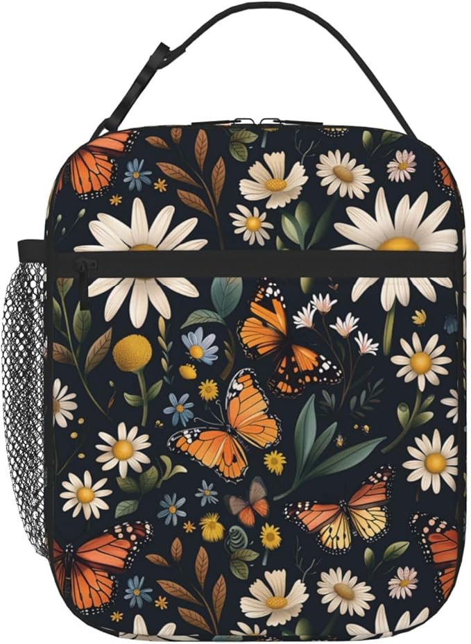 SUPLUCHOM Lunch Bag Daisy Butterfly Vintage Insulated Box Reusable with Side Pocket for Girl Boy Women Men Work School Picnic Hiking Daytrip Over 3 Years Old