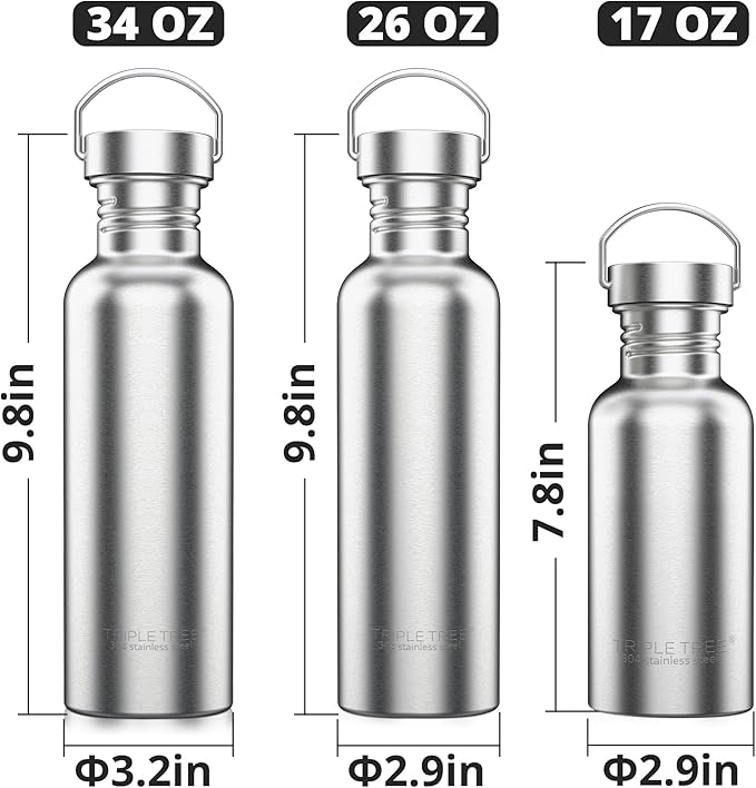 TRIPLE TREE 17 OZ Uninsulated Single Walled Stainless Steel Sports Water Bottle 18/8 Food Grade for Cyclists, Runners, Hikers, Beach Goers, Picnics, Camping - BPA Free