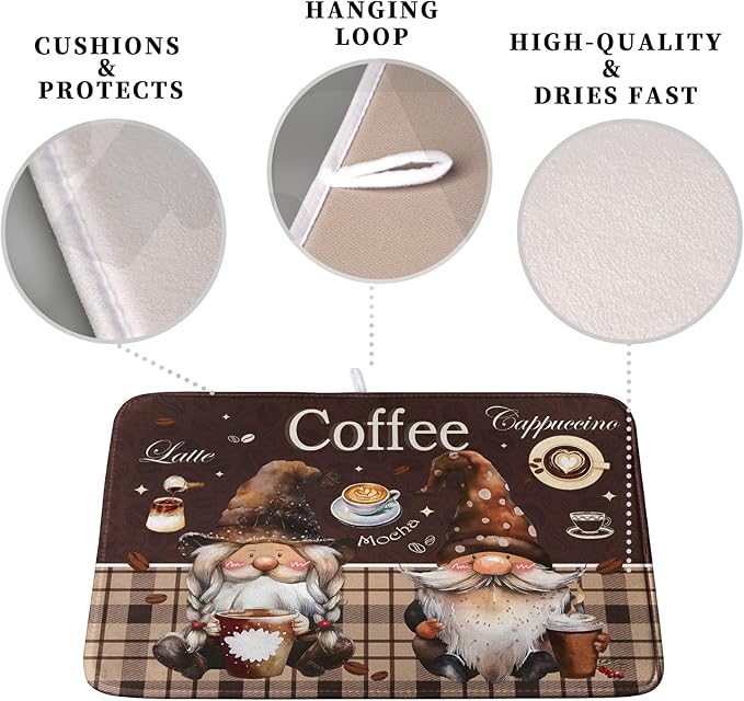 Chef Gnome Kitchen Dish Drying Mat for Kitchen Counter 18x24 Inch, Brown Buffalo Plaid Cooking Mocha Coffee Mat Reversible Microfiber Super Absorbent Quick Dry Rack Pad for Bar Sinks Home Decor