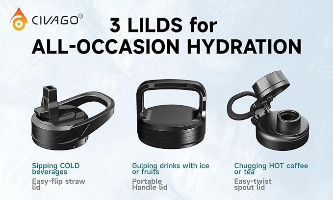 CIVAGO 64 oz Insulated Water Bottle Jug with Straw and Handle, Half Gallon Stainless Steel Water Flask, Large Sports Metal Water Bottle with Straw Lid (3 Lids), Big Thermal Mug Cup, Black