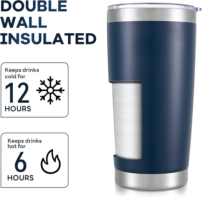 20 oz Tumbler with Lid Stainless Steel Insulated Tumblers Bulk Double Wall Vacuum Cups Powder Coated Travel Mug Keep Drink Cold and Hot, Navy, 8 Pack