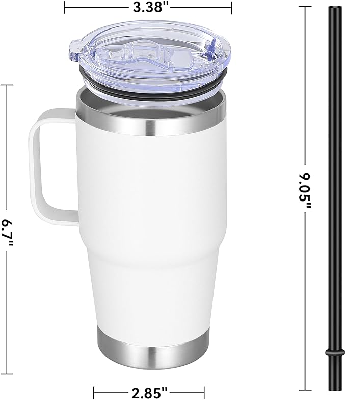 20 oz Stainless Steel Tumbler with Handle Metal Insulated Coffee Travel Mug with Handle Double Wall Tumbler Cup with Lid and Straw, White 1 Pack