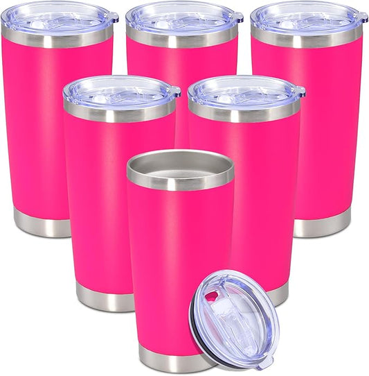 20 oz Tumbler with lid Double Wall Vacuum Insulated Tumblers Stainless Steel Coffee Mug Travel Coffee Tumbler Powder Coated Tumbler Cup Keep Hot&Cold - (Hot Pink 6 Pack)