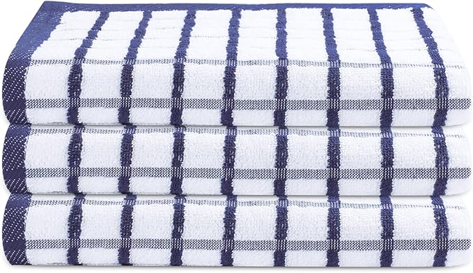Urban Villa Kitchen Towels Blue/White Set of 3 Terry Kitchen Towels 100% Cotton Ultra Soft Size 20X30 Inches Highly Absorbent Over Sized KitchenTowels with Hanging Loop KitchenTowels