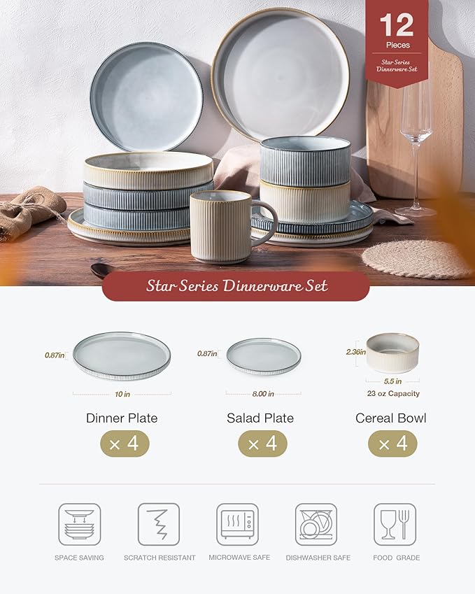 Famiware Star Dinnerware Set, Plates and Bowls Sets for 4 (12pcs), Ribbed Stoneware Dishes - Chip & Scratch Resistant, Microwave & Dishwasher Safe, Multicolor - Cappuccino White & Smoky Blue
