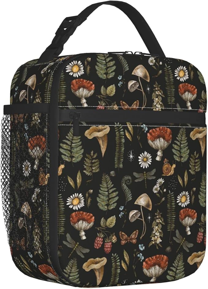 SUPLUCHOM Lunch Box Vintage Mushroom Leaf Forest Insulated Bag Reusable with Side Pocket for Work School Picnic Hiking Daytrip Kid Over 3 Years Old