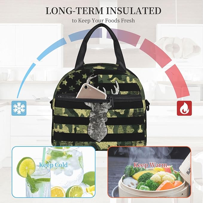 American Flag Deer Camo Reusable Insulated Lunch Box Waterproof Lunch Bag with Detachable and Adjustable Shoulder Strap for Office Picnic or Travel