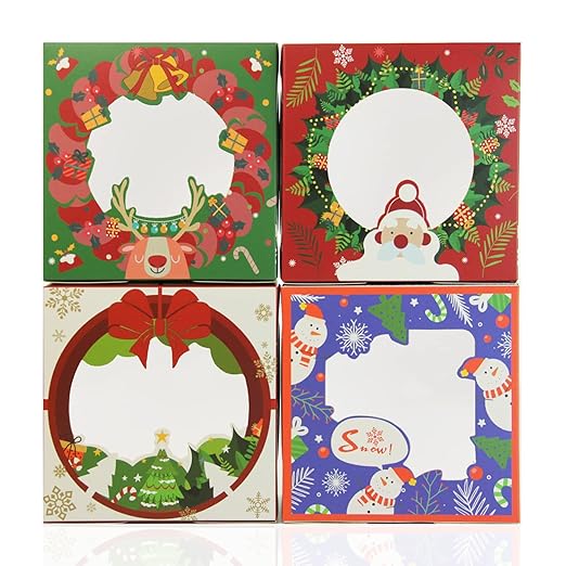 qiqee Christmas Bakery Box with Window 60packs 6x6x3 Cookie Boxes Pastry Box for Christmas