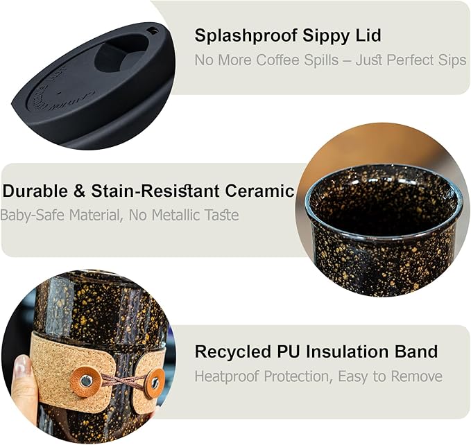 Travel Coffee Mug, Tea Mug, Big Coffee Cups with Lids, No Spill Ceramic Tumbler, Reusable Camping Coffee Mugs for Men & Women, Microwave & Dishwasher Safe, 16.5 oz