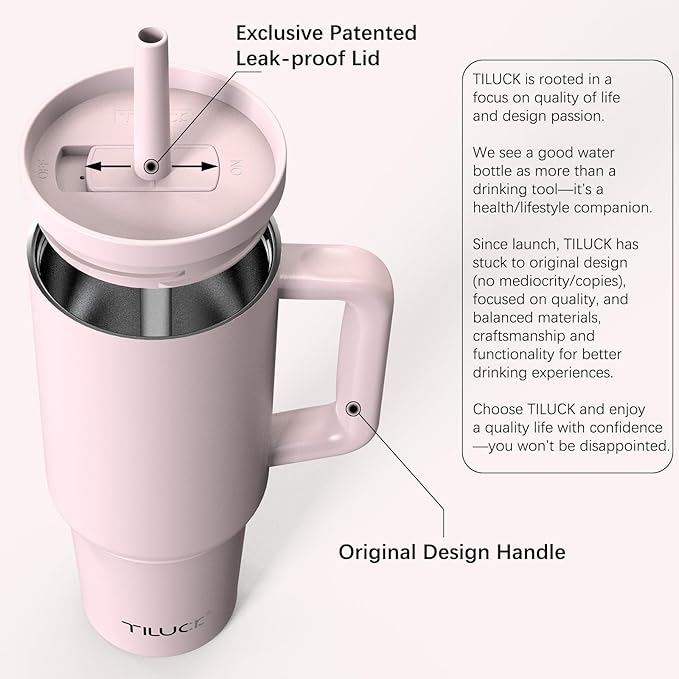 TILUCK 40 oz Tumbler with Handle, Vacuum Insulated Stainless Steel Travel Mug with 100% Leak-Proof Silicone Straw Lid, Cupholder Friendly Water Bottle(LightPink, 40oz)