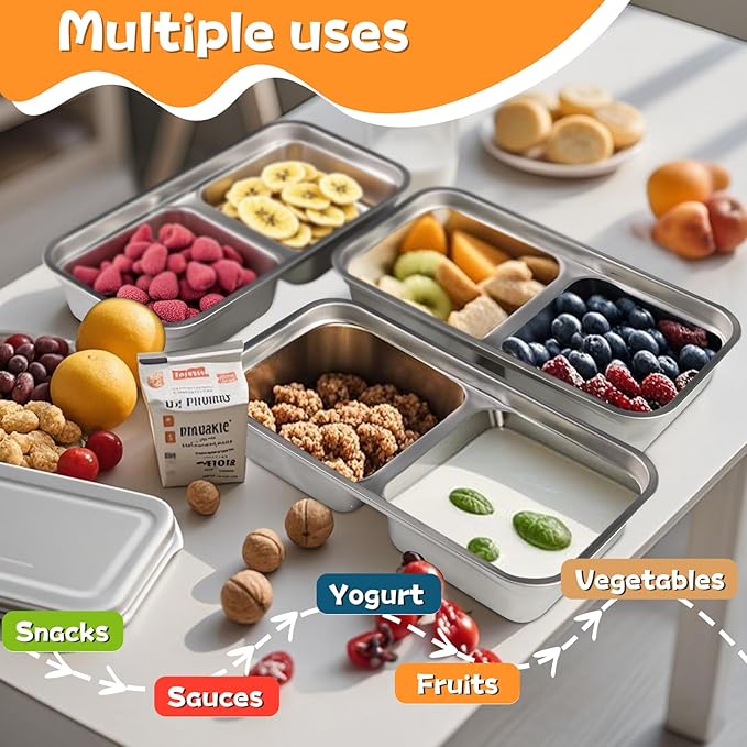 (4PCS) Grab and Go Snack Containers, Reusable Stainless Steel Snack Containers with Lids, Leak-Proof Stainless Steel Double Compartment Condiment Container, for Snacks Dips Travel
