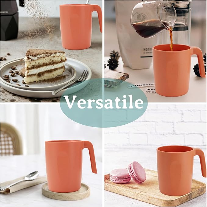 Wrova 16oz Wheat Straw Cups with handles set of 6-Plastic Cups Reusable-Unbreakable Kids Mugs-Dishwasher Safe & Microwave Safe-Ideal Plastic Mugs for Tea,Coffee,Camping,RV-Orange