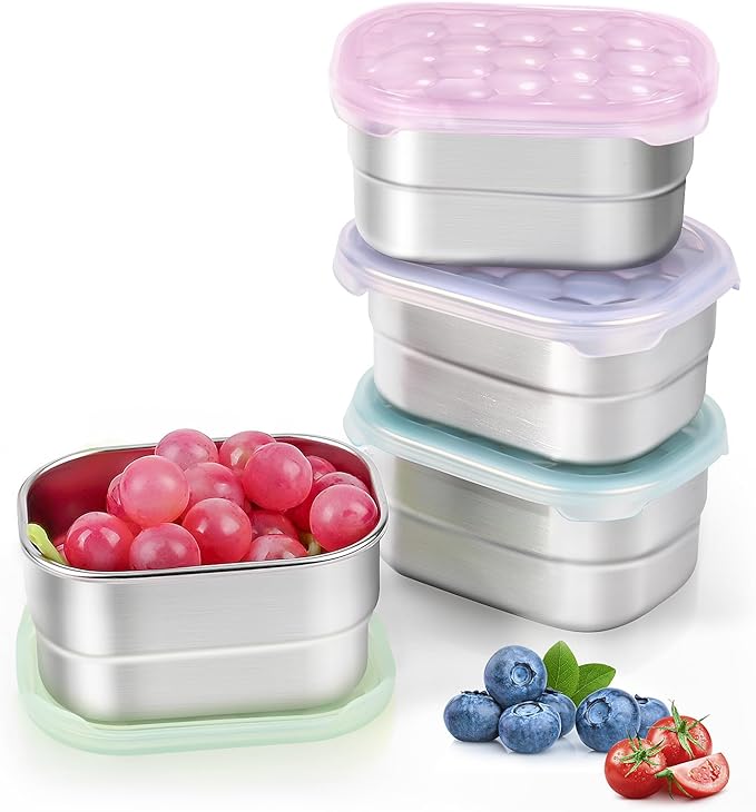 8oz Small (1 CUP) Stainless Steel Snack Containers for Kids and Toddlers (Ages 1-3) | Easy Open Leak Proof Food Containers with Silicone Lids - Perfect Metal Lunch Box for Daycare and School