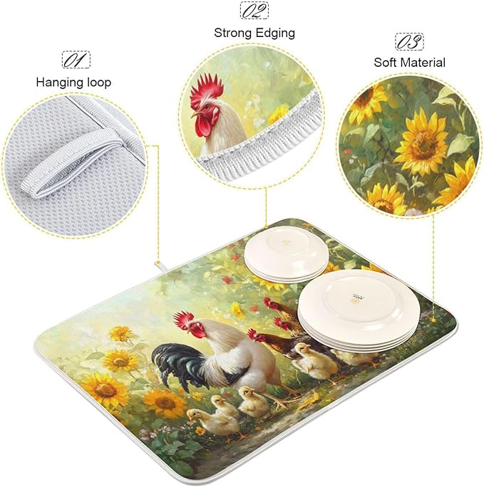 Chickens Pattern Dish Drying Mat for Kitchen Counter Super Absorbent Dishes Pad Reversible Microfiber Protector Dish Draining Mats 16x18 inch