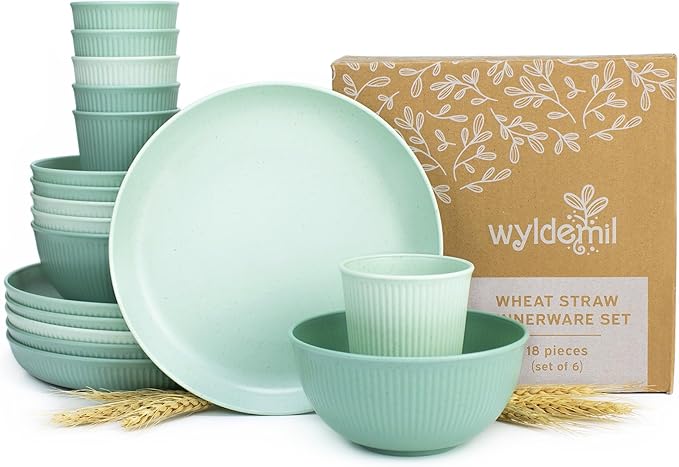 Wheat Straw Dinnerware Sets for 6, Microwave and Dishwasher Safe, Reusable and Durable, Unbreakable Cups, Plates and Bowls Sets, Lightweight Dishes for Kitchen, RV, Camping, Kids, 18-piece Sage