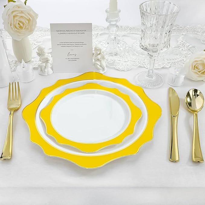 100 PCS White and Yellow Disposable Plates for 50 Guests, Scalloped Plastic Plates Include 50 Dinner Plates and 50 Dessert Plates for Party, Wedding