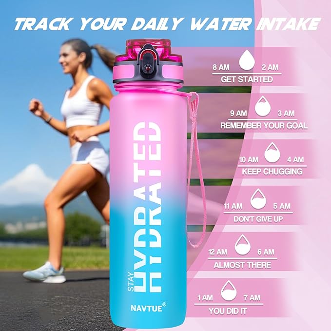 Water Bottle, 32oz Sports Water Bottles with Time Marker Wide Mouth, Motivational and Leakproof Drink Bottle, BPA Free Tritan with Carry Strap for Gym Fitness Outdoor (Direct Drink 1 Bottle)