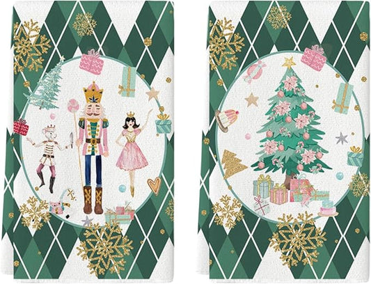 Artoid Mode Green Nutcrackers Tree Christmas Kitchen Towels Dish Towels, 18x26 Inch Gift Box Snowflake Winter Decoration Hand Towels Set of 2