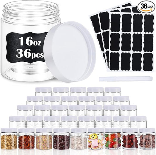 36 PCS 16 OZ Plastic Jars with Screw On Lids, Labels Refillable Empty Round Slime Containers for Storing Dry Food, Honey Jam, Cream, Butter, Lotion, White