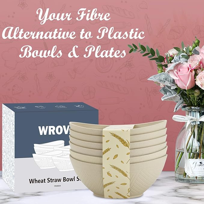 Wrova 65oz Big Wheat Straw Bowls - Large Salad Bowls set of 6 - Unbreakable Serving Bowl Sets - Microwave & Dishwasher Safe Bowl Sets for Cereal,Salad,Fruit - Beige