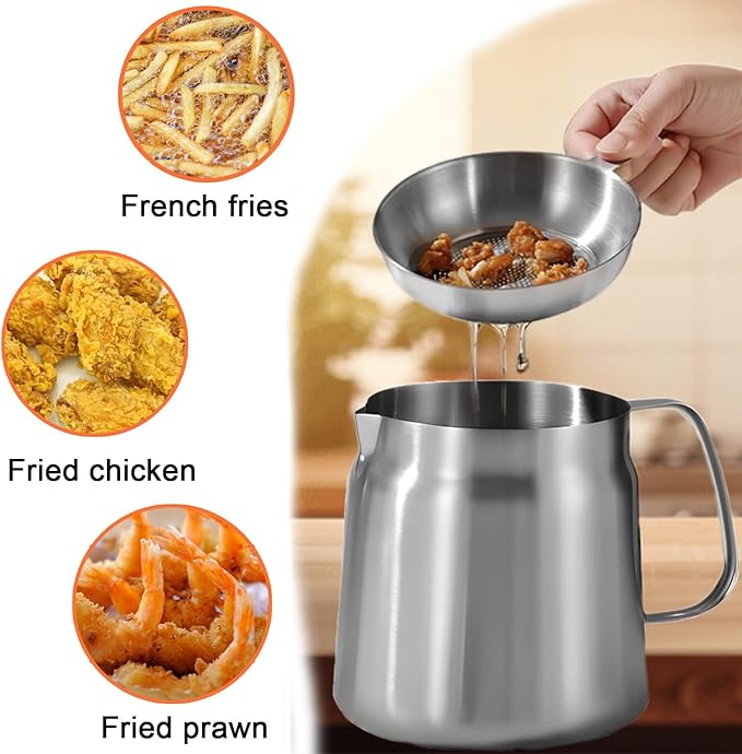 68oz/2L 304 Stainless Steel 3-in-1 Multifunctional Oil Strainer Pot, Deep Frying Basket, Grease Container for Kitchen
