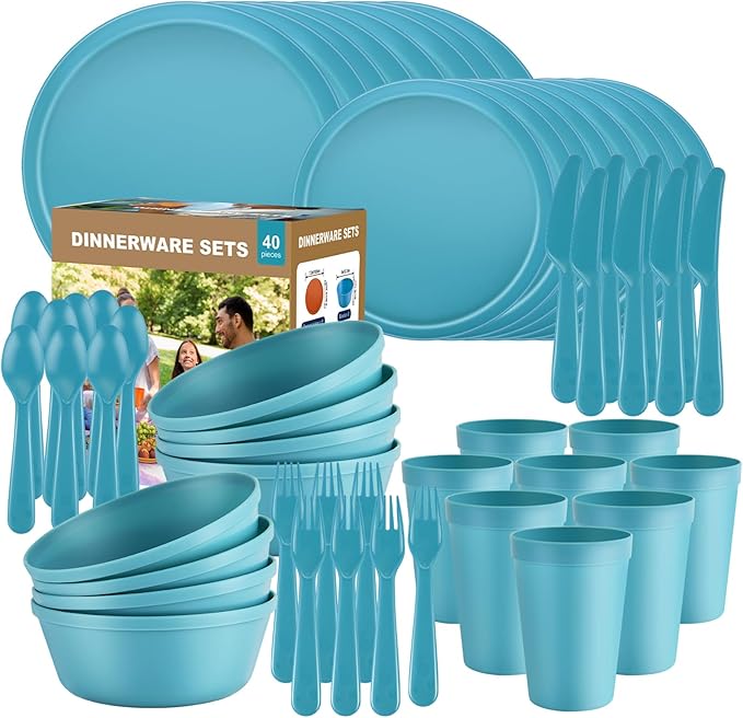 40 Piece RV and Camping Dinnerware Set, Microwave Safe Plates and Bowls Set for 8 with Cutlery, Lightweight & Unbreakable, The Perfect Melamine Alternative Blue