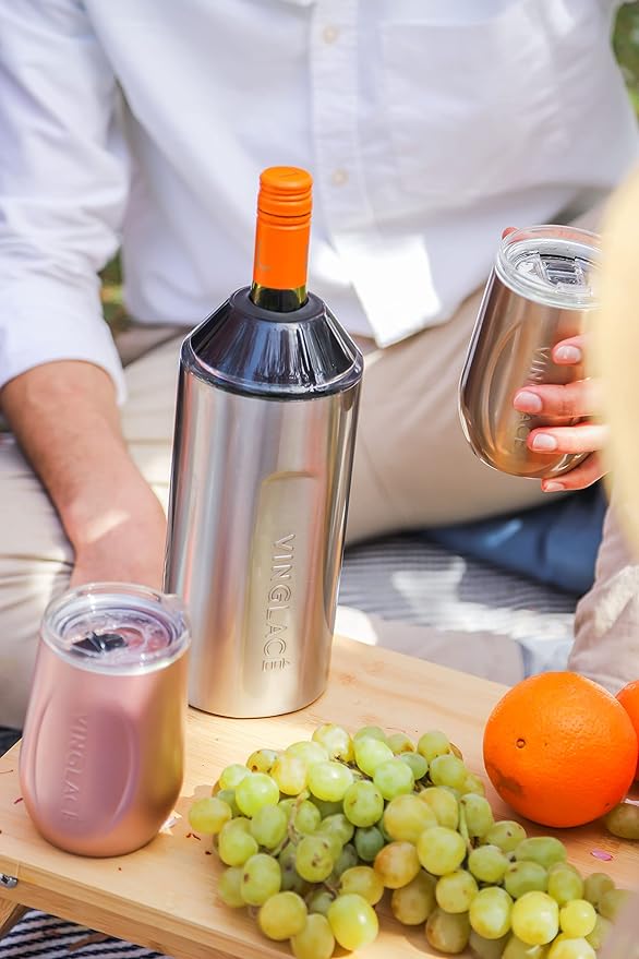 Vinglacé Stainless Steel Stemless Wine Glass- Insulated Wine Tumbler with Glass Insert and Sip Lid, 10 oz, Rose Gold