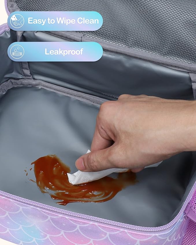 Bagseri Lunch Bag for Girls - Kids Lunch Box for Girls Reusable Leak-Proof and Insulated Kids Lunch Bag Toddler Lunch Box for Daycare and School, Glitter Mermaid Scale (Water Bottle Not Included)