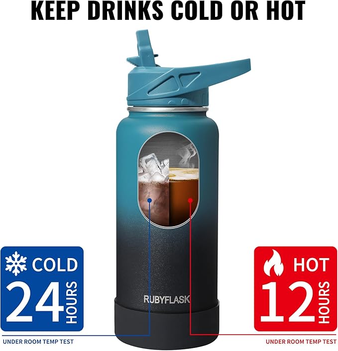 40oz Insulated Water Bottle with Straw, Stainless Steel Metal Vacuum Water Flask, Large Thermal Water bottle with Leakproof 3 Lids for Travel, Camping, Gym Sports Dark Rainbow