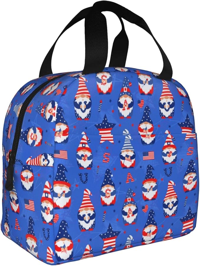 American Gnome Patriotic Lunch Box 4th of July Memorial Day Lunch Bag Insulated Reusable Lunch Tote Bag Cooler Tote Bag for Men Women