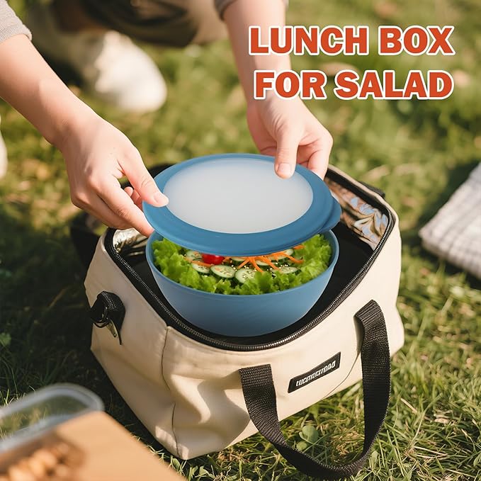 Wrova wheat straw bowls with lids set of 4, 40oz cereal bowls with covers,unbreakable salad container for lunch, dishwasher safe bowl sets for kitchen. Blue