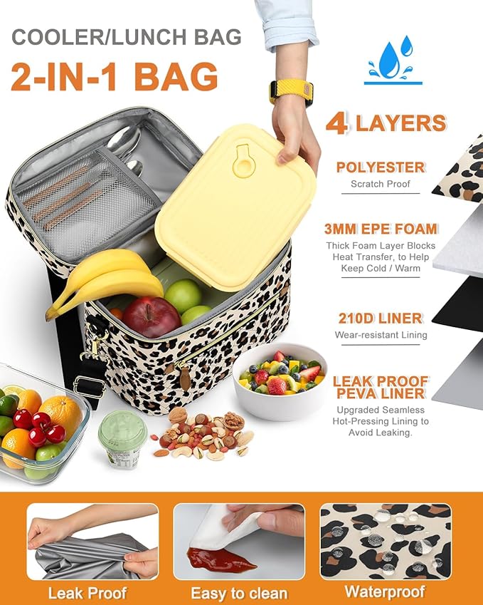 Capolo Lunch Box for Women Men Adults,Insulated Lunch Bag Leakproof Lunch Cooler Box with Removable Strap Cute Lunch Tote Bags Reusable Thermal Lunchbox for School Work Picnic(Small,Leopard)