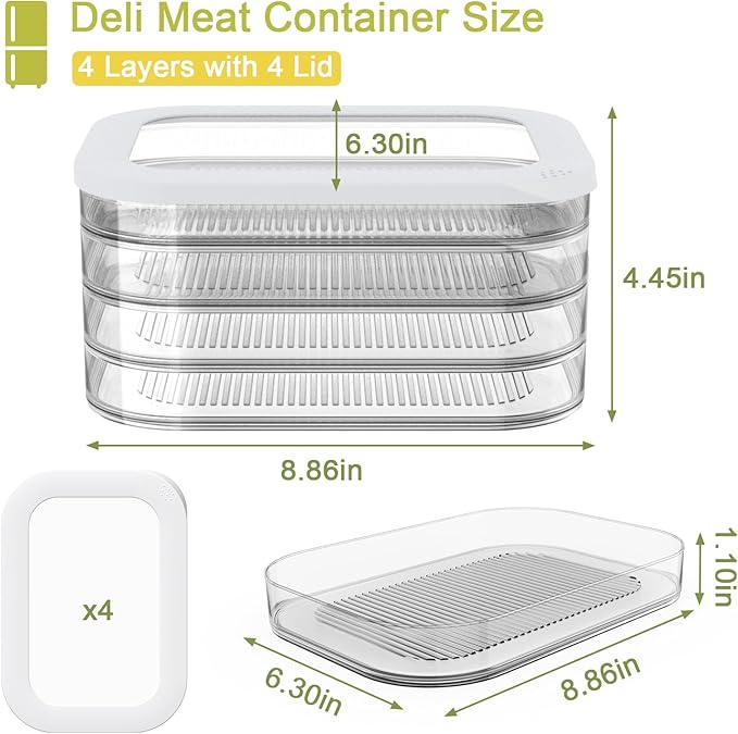 4 Pcs Deli Meat Container for Fridge, Stackable Bacon Lunch Meat Container for Refrigerator, Food Storage Boxes with 4 Lids for Cold Cuts, Cheese, LunchMeat, Salami, Meal Prep Containers, BPA Free