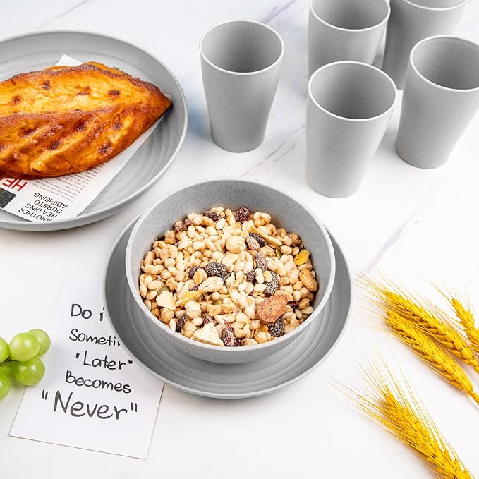 Supernal 32pcs Wheat Straw Dinnerware Sets for 8,Plates and Bowls Sets,Reusable Plastic Plates,Grey Dish Set for 8 include 16pcs Dishes, 8pcs Bowls, 8pcs Cups,Dishwasher Safe.