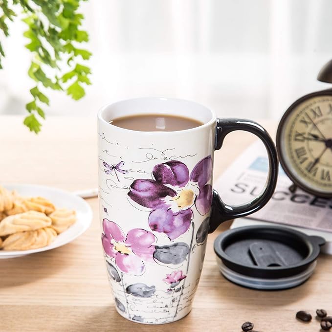 Topadorn Christmas Ceramic Mug Coffee Mugs with Lid and Gift Box for Holiday Party Latte Mug, 17oz. Purple Flower