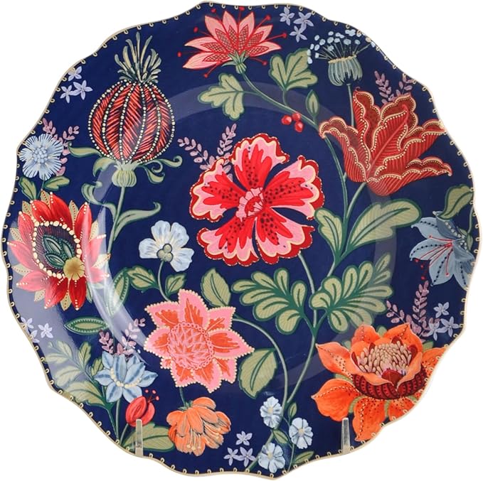 222 Fifth 12-Piece Porcelain Dinnerware Set for 4, White & Parisian Blue Plates and Bowls Set with Gold Rim, Glossy Ceramic Dish Set with Detailed Floral Design, Microwave & Dishwasher Safe, Chintz