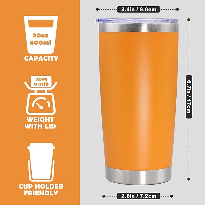 20oz Tumbler Stainless Steel Tumbler Cup with Lid Vacuum Insulated Double Wall Travel Mug, Durable Powder Coated Travel Coffee Tumbler Mug for Hot & Cold Drinks,Orange,1 Pack