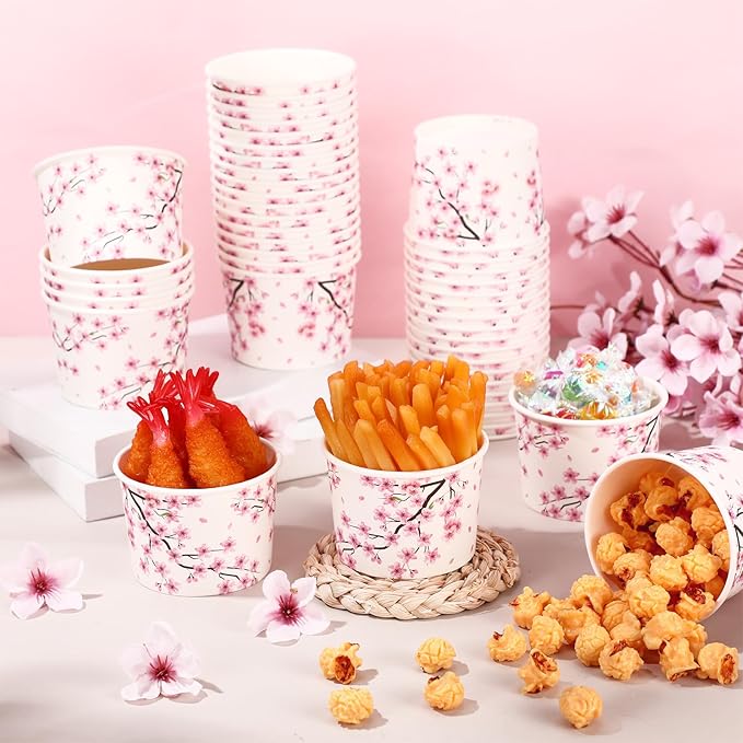 50 Pack Cherry Blossom Ice Cream Cups 9 oz Cherry Blossom Disposable Dessert Bowls Pink Floral Paper Soup Bowl Sakura Snack Cup Wedding Baby Shower Birthday Party Supplies for Hot Cold Food