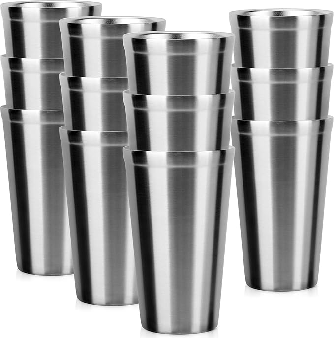 Beasea Stainless Steel Cups 16 oz, 12 Pack Large Stainless Steel Tumbler Bulk Stackable Double Wall Insulated Metal Pint Glasses Tin Cups for Drinking Home Restaurant Office Party Camping